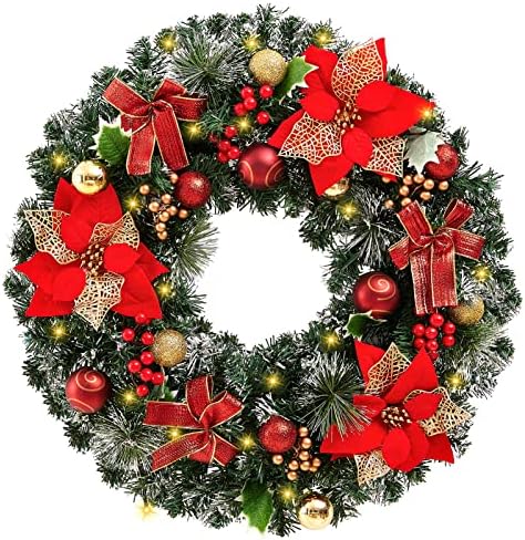 22 Инчи Претходно осветлена Божиќна Декорација На Венец, Традиционална Црвена И Златна, Осветлени Божиќни Венци Со Поинсетија,