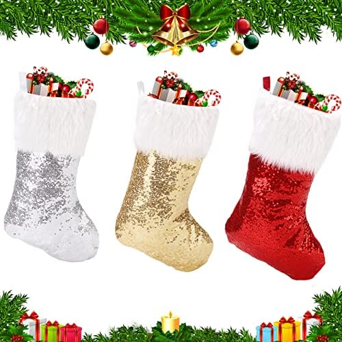 УСИНЕМИ Божиќно порибување 2 пакувања 17 инчи, големо црвено Божиќно порибување, сјајни секвенци Божиќни чорапи за семеен одмор