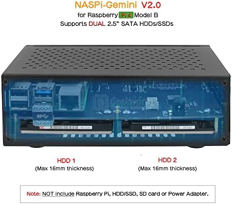 Geekworm NEW NASPI Gemini Dual 2.5 '' SATA HDD/SSD NAS комплет за складирање со DC 6-18V широк напон на напон + DC 12V 5A напојување за Raspberry