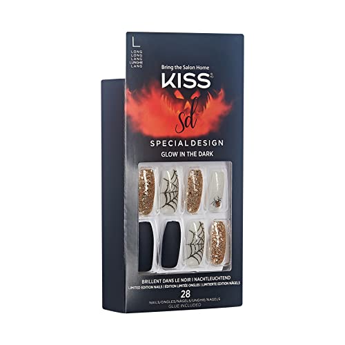 Бакнеж Специјален дизајн Ноќта на вештерките лажни нокти, сјај-во-темнината, стил „трик или третирање“, со лепак за розови гел нокти, мини