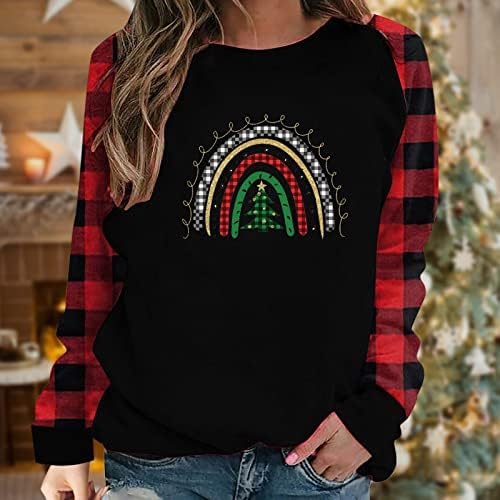 Божиќни врвови за жени виножито Божиќно дрво графичко џемпер со долги ракави бејзбол маица екипаж во боја блок кошули