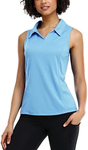 Коорун женски голф Поло кошули без ракави Брзи суви тениски маици со лесен V-врат со јака со јака на јака