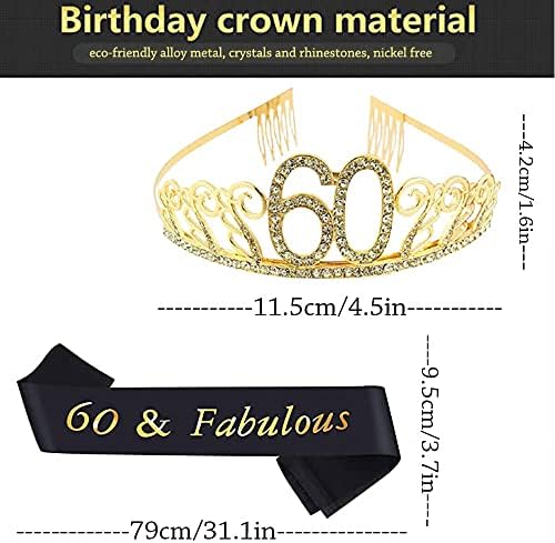 Лоханг 60 -ти роденденски подароци Саш и Тијара за жени, златен сјај, појас на ринестон тиара 60 -ти кристал круна роденден, среќна кралица забава,