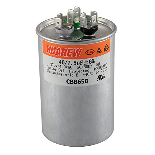 Huarew 40+7,5 uf ± 6% 40/7,5 MFD 370/440 VAC CBB65 Двојна патека за почеток на кондензаторот за кондензатор директно ладно или топлинска