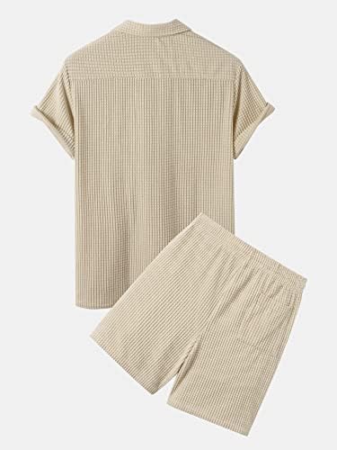 Fdsufdy Облека со две парчиња за мажи закрпена џеб Поло кошула и шорцеви за половината за влечење