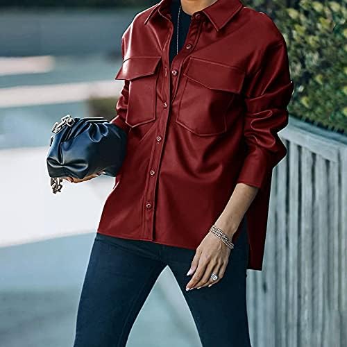 Compateенски обичен краток костум со долги ракави плус големина женски јакни со џебови од градите и копчиња мода тенка кожна јакна