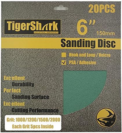 Tigershark 6inch no Doy 20pcs филмови за пескарење дискови лепило задно и суво решетка 1000/1200/1500/2000 5 компјутери секој асортиман