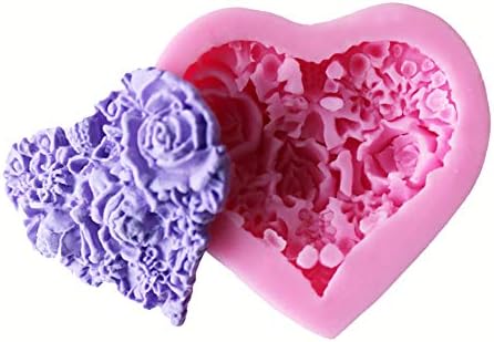 HengKe 2 Pcs Flower Delicate Floral Heart Silicone Soap Molds, Craft Art Silicone Soap Mold, 3D Baking Molds for Cupcake,Fondant