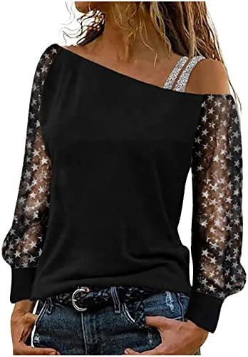 Едно рамо маици за жени чиста мрежа со долги ракави Обични врвови на сјајни starвездички шема на пулвер маички блузи