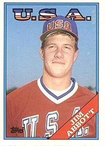 1988 Топпс тргуваше со серија 1Т Jimим Абот РЦ Дебитант САД Олимписки тим Официјален МЛБ Бејзбол картичка