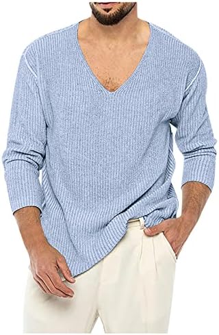 Dudubaby Машка плетена фустан џемпер обичен V-врат тенок фит пулвер плетенка за памучни џемпери со јака од јака