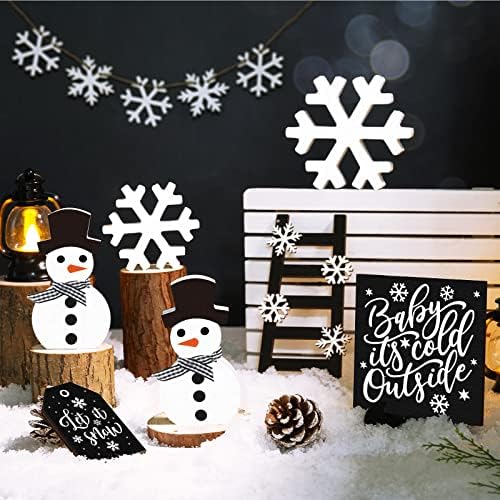 Yalikop 12 парчиња зимски нивоа на послужавник поставено снегман снегулка од снегулка, дрво знак за Божиќни куќички таблети знаци за Божиќ Зимска домашна маса за одмор