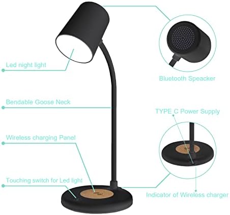 Adhiper LED -ламба со безжична функција за полнење и Bluetooth звучник, 3 режими на светлина, насока за прилагодување на 360 °, контрола