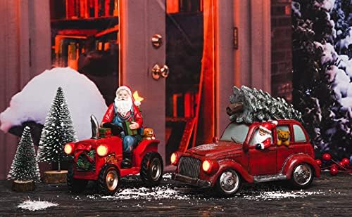 Dusvaly Christmas Santa & Tractor Figurine Decoration Table Statue со LED светлосен подарок за Kid & Adult, гроздобер црвен автомобил