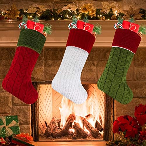 Либејски плетени божиќни чорапи, 3 пакувања 18 Кабел со голема големина плетено плетено Божиќни чорапи за Божиќни украси и украси