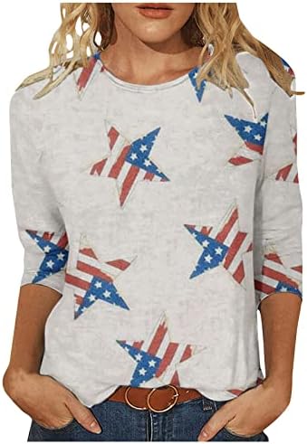 Американско знаме маичка Патриотски кошули жени врвови 3/4 ракав Обичен лабава туника Врв САД со знаме на знамиња ленти графички маички