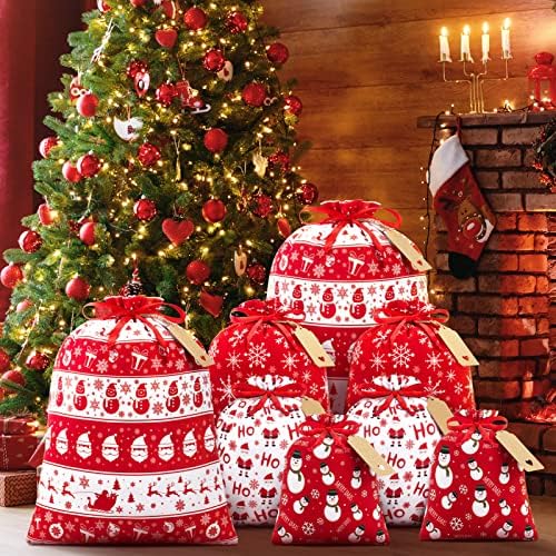 10 ПАРЧИЊА Божиќни Торби За Подароци Со Ознаки, Црвени И Бели Божиќни Торби За Подароци Избрани Големини Рефус, Големи Средни Мали Торби За