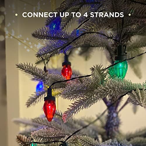 C7 повеќебојни Божиќни светла на отворено - 100 ct, 58 ft, големи гроздобер светилки, зелена жица, LED, приклучок, 10 режими на осветлување