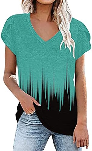 Женски врвови мода 2020 омбре -боја блок печатени v вратот летни маици лабави ливчиња за лежечки маички обични маици со блузи