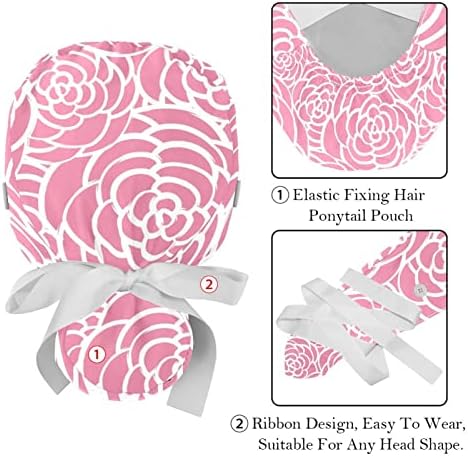 Медицински капачиња за жени со копчиња долга коса, 2 парчиња прилагодливо работно капаче, розови рози цветни цвеќиња
