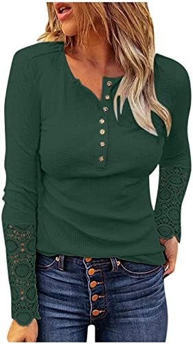 Вафл плетете долги ракави есенски кошули за жени секси цврста боја чипка за шиење на чипка за шилести V- кошули на вратот Тенок врвови