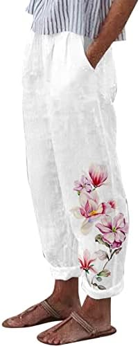 Zdferенски летен цветен принт на летни цвеќиња обични лабави памучни постелнини панталони еластични панталони со панталони со џебови