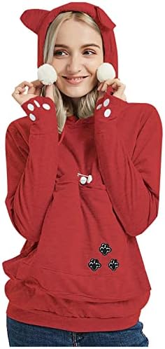 Џемпер за жени трендовски есенско зимско руно милениче со качулка, пулвер мачка куче, големи носачи на торбички за пулвер дуксери