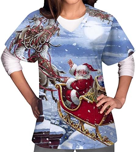 Божиќни чистачи за жени меки Божиќни маички со џебови со кратки ракави со кратки ракави против вратот, симпатична празници