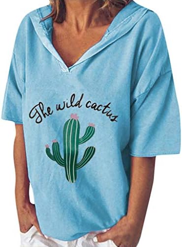 Худи за жени, jflyou The Wild Cactus Cactus Print Short Sweever Sweatshirt V-вратот за тинејџери за тинејџери за тинејџери
