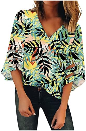 Случајна блуза со вратот за жени 3/4 bellвонче за ракави, панел кошули, врвни модни цветни лабави маици, облечени врвови врвови