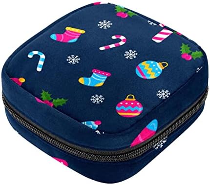 Санитарна торба за складирање на салфетки за женски влошки, комплет за прв период за жени, зимски елементи темно сино преносен менструален