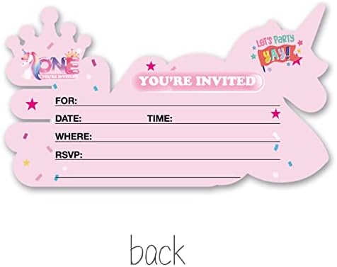 Покани од 1-та забава со коверти, 20 поставени покани во облик на еднорог, една година стара роденденска девојка за бебиња