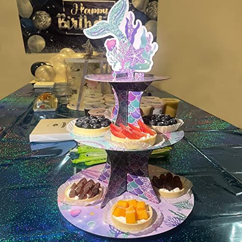 Стенд за торта со сирена - 3 нивоа држач за чаша за сирена опашка од сирена тема Драга за десерт за девојче, под морската сирена роденденска
