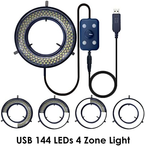 Upwtkim Microcoppe Light LED Ring Illuminator, USB 144 LED диоди со 4 зона на осветлување прилагодлива за дигитална монокуларен монокуларен