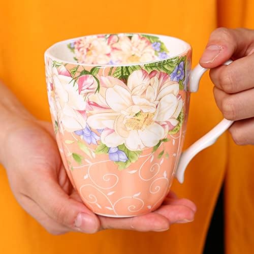 Yuesite коска Кина чаши за кафе за жени чаши флора кафе чаши чаши нота -кафе чаши подарок за жени мама пријатели, 14oz