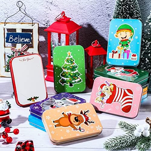 12 компјутери Шарени Божиќни картички Калајски кутии за божиќни лименки за подароци држач за подароци Стилски одмори за одмори со