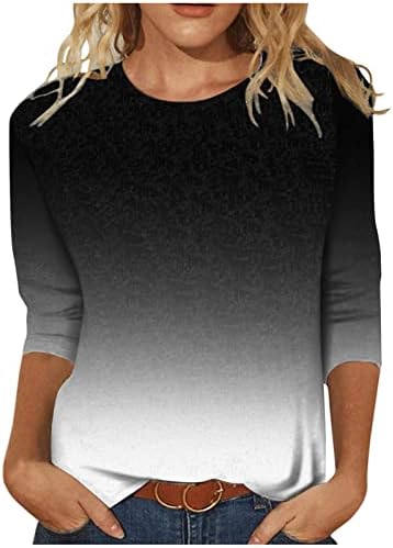 Врзајте ги врвовите за боја за жени, женски моден обичен тркалезен врат 3/4 ракав печатено лабава кошула блуза врвови за плажа