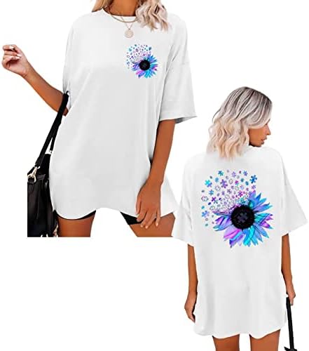 Overенски преголеми маички со маици со тркалезна графичка врата, печати кратки ракави, обични врвни маички лабава облека