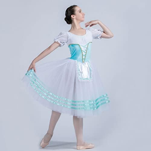 N/A Puff ракави бледо сина кадифе со бел спандекс врвот на боди 360 ° Tulle романтичен фустан за балетски жени шоу