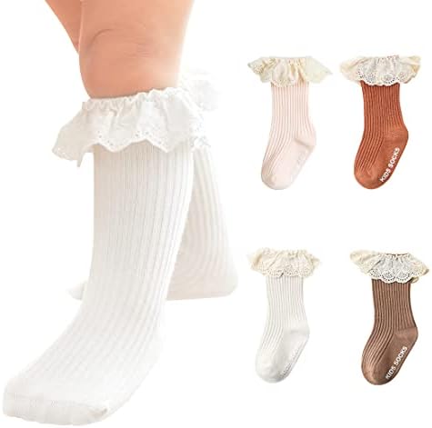 Houseyuan новороденче Фрили бебе девојки колено високи чорапи новороденче чипка чипка, долги чорапи за хулахопки за деца 6-12 месеци