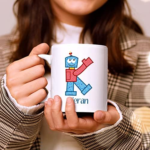 Персонализирано првично име кафе чаша чаша 11oz 15oz, смешно роботско писмо k кафе чаша подароци за loversубители на роботи, монограм
