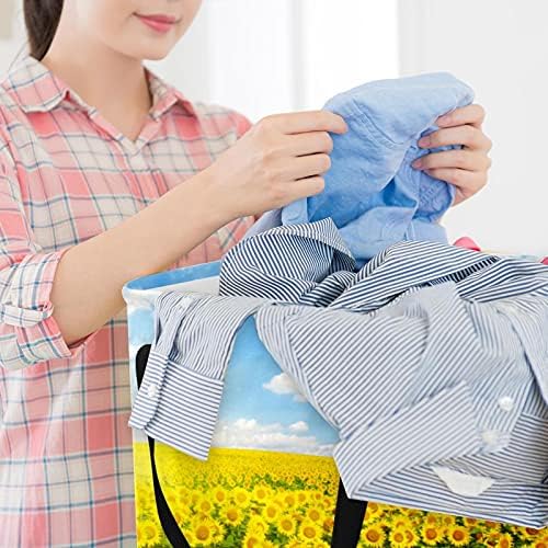 Пејзаж жолти сончогледи корпа за перење алишта за складирање со рачки за спречување, детска соба, складирање на играчки