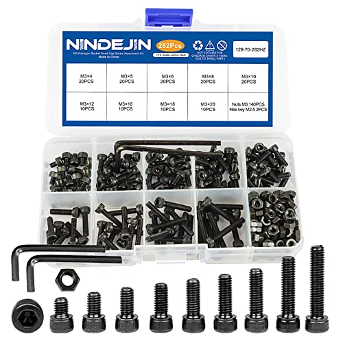 NINDEJIN Metritr M3 HEX Socket Gead Cap Завртки, Allen Socket Drive M3 x 4mm/ 5mm/ 6mm/ 8mm/ 10mm/ 12mm/ 16mm/ 18mm/ 20mm јаглероден челик завртка