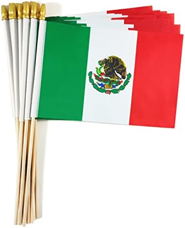QQSD Mexico Мало знаме Мексиканско стапче Мини рачно држени знамиња - цврст дрвен пол со копја на копја