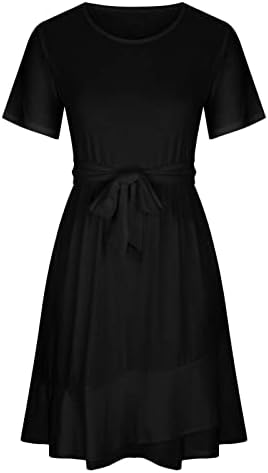 Miashui памук плетен фустан женски фустан чипка на тркалезен врат печатење краток ракав Неправилен фустан за жени случајни
