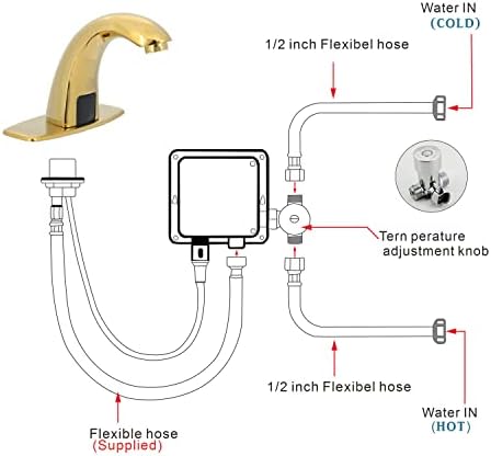 Автоматски сензор за бања мијалник со плоча со капаци, без месинг, месинг, без раце на вода со миксер, адаптер 3/8 1/2, завршени 3 црева,