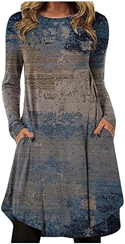 Nokmopo формални фустани за жени модни обични печатени печатени тркалачки врат пуловер лабава забава со долг ракав макси фустан