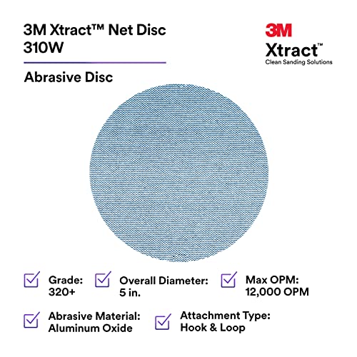3M Xtragt Net Disc 310W, 320+, 5 in, Die 500x, пакет од 50 дискови за пескарење на кука и јамка, практично без прашина, опција за вредност за