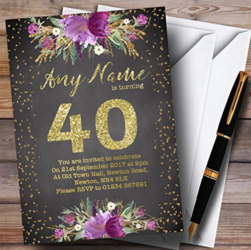 Креда Акварел Виолетова Злато 40-Ти Персонализирани Покани За Роденденска Забава