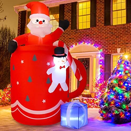 Maoyue 6 ft Божиќни надувувања на отворено украси, надуени чаша Дедо Мраз со снежен човек, Божиќни дворни украси со вградени LED светла, за Божиќни